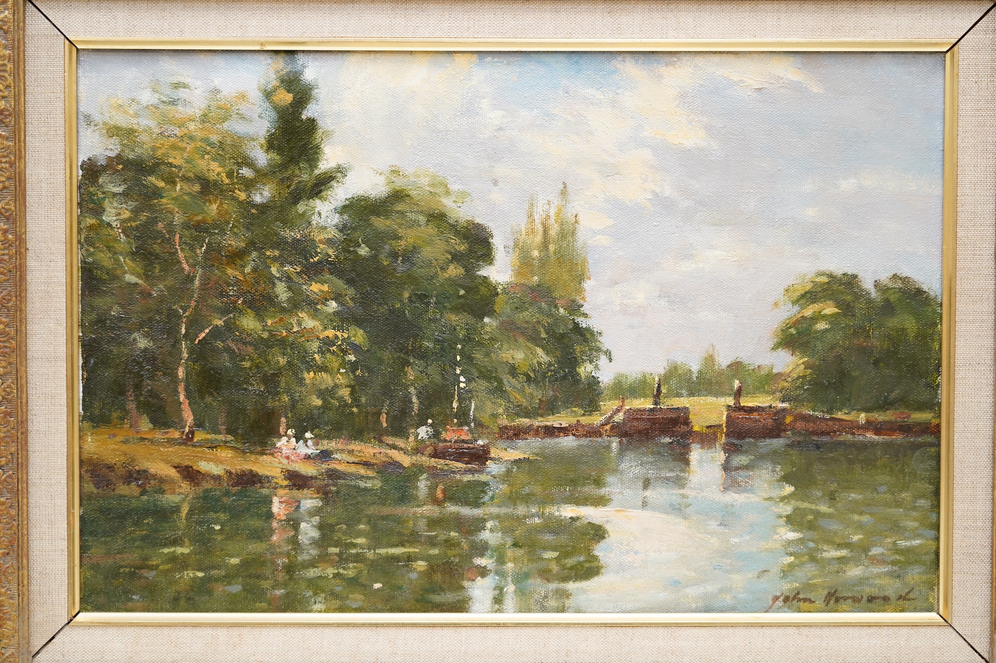 John Horwood (b.1934), Impressionist oil on canvas, River landscape with figures, signed, 24 x 28cm, ornate gilt framed. Condition - good